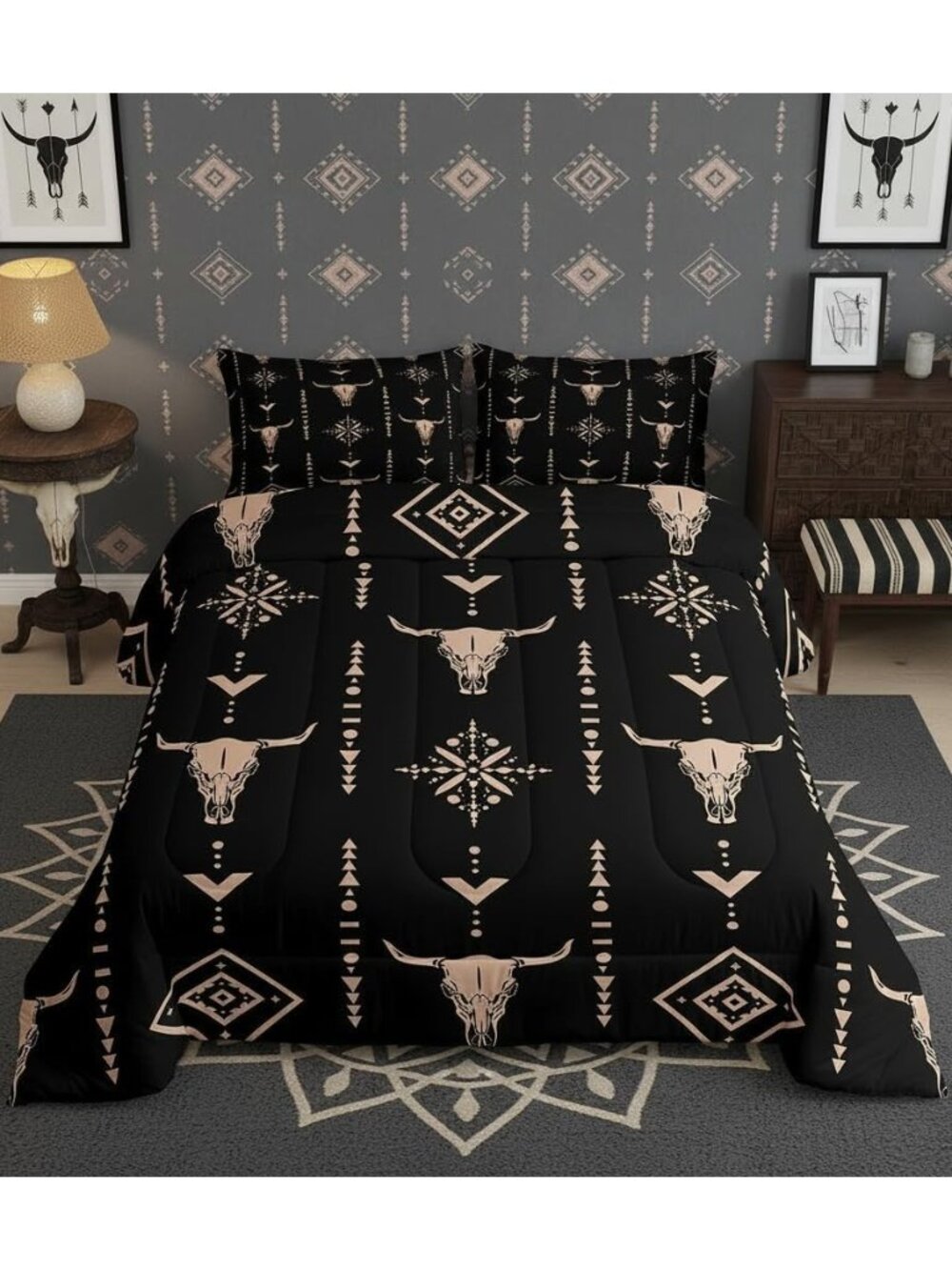 Bull Skull Comforter Set Queen Boho Bedding Ethnic Horns Bohemian Bedding